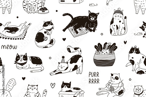 Seamless pattern with Meow inscription and cute funny cats playing and sleeping. Endless black and white background for printing. Hand-drawn childish flat vector illustration in doodle style