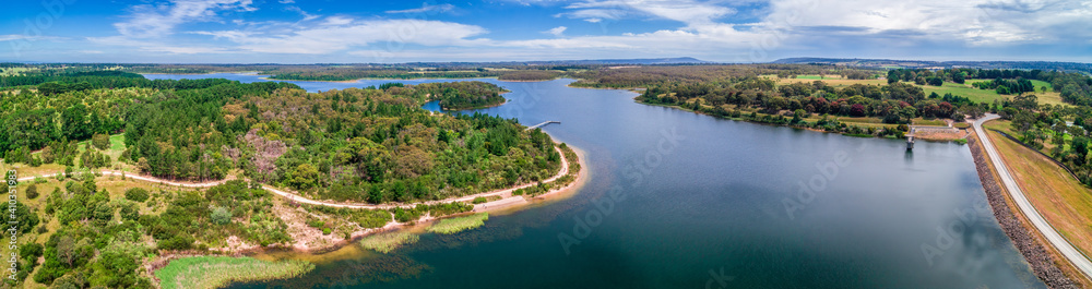 Aerial panorama of Devilbend Reservoir Lake on Mornington Peninsula, Victoria, Australia