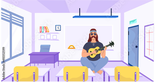 Male bard sits with ukulele. Person creates music on guitar at school. Musician playing strings on musical instrument. Mustachioed man creates melody and sings. Guitarist teaches music class