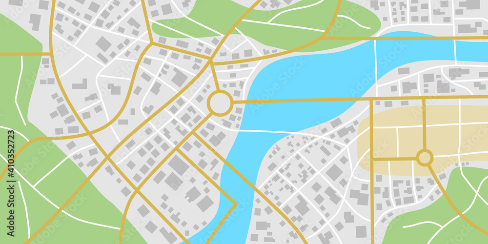 Obraz premium A fictional city map with rivers and parks.