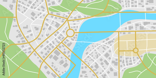 A fictional city map with rivers and parks.