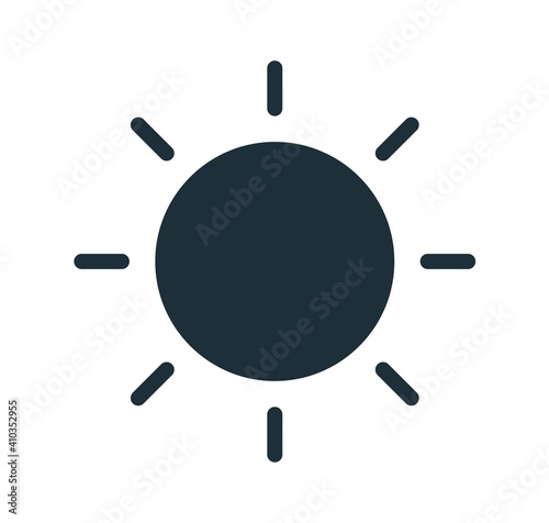 Simple line art icon of black glowing sun with bright sunbeams. Line art symbol of clear hot weather or intensity. Solar circle with rays. Linear flat vector illustration isolated on white background