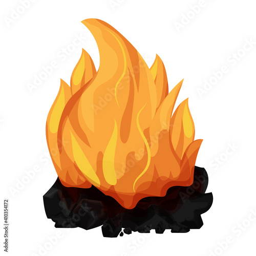 Burning coal, charcoal with flame, campfire in cartoon style isolated on white background. Mineral pile, close up fireplace. Bonfire with embers, object.
