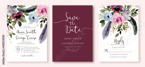 wedding invitation set with rustic floral and feather watercolor