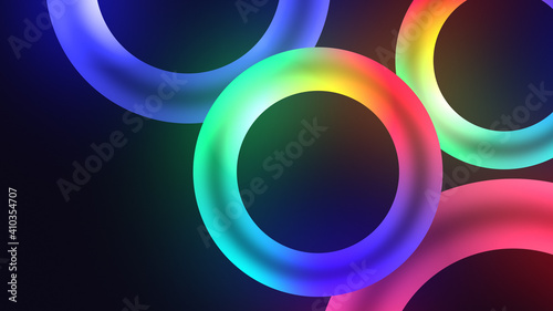 Colorful glowing circles or torus with nice dynamic Glowing light effect, space for text , scanning rings, laser show technology, esoteric energy, ultraviolet spectrum, 4k , 3d render.