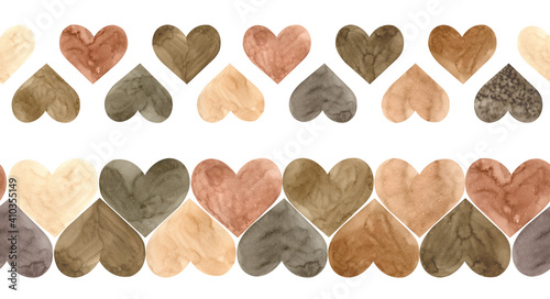 Watercolor illustration of two brown hearts seamless borders. Valentine's day endless header. Scandinavian style.