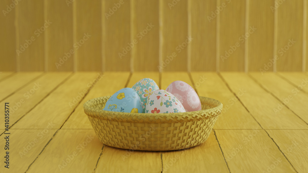 Fototapeta premium Yellow spring concept. Easter eggs in basket