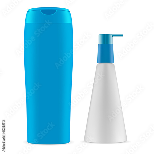Cosmetic Bottle. Package shampoo, dispenser container blank. soap or gel product with pump dispenser isolated on white background. Hair wash packaging mock up template, milk liquid