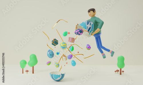Easter festive egg hunt with trees 3d render