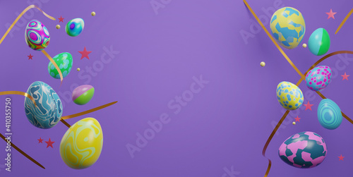 Easter eggs with decoration framing the empty space in center. 3d rendered