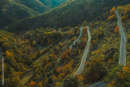 Aerial view of a forest road near Camprodon in Catalonia, Spain. photo