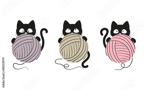 Black cat with a ball of yarn. Knitting set, vector illustration