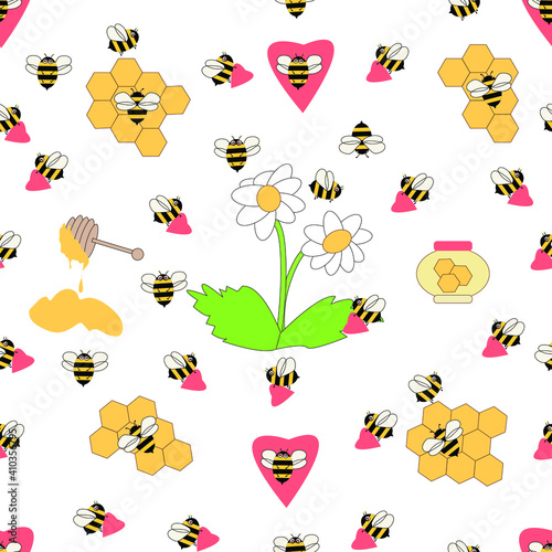 Set - flowers, bees, honey, honeycomb and red hearts. EPS10 vector