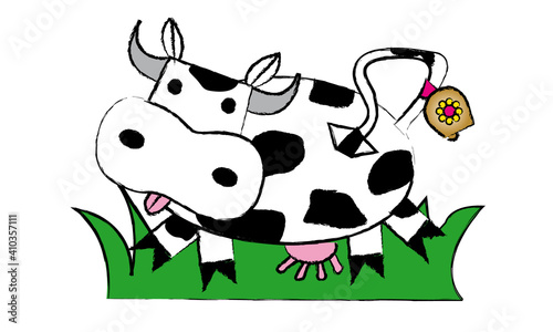 Kuh steht auf Gras mit Kuhglocke am Schwanz Tier Illustration