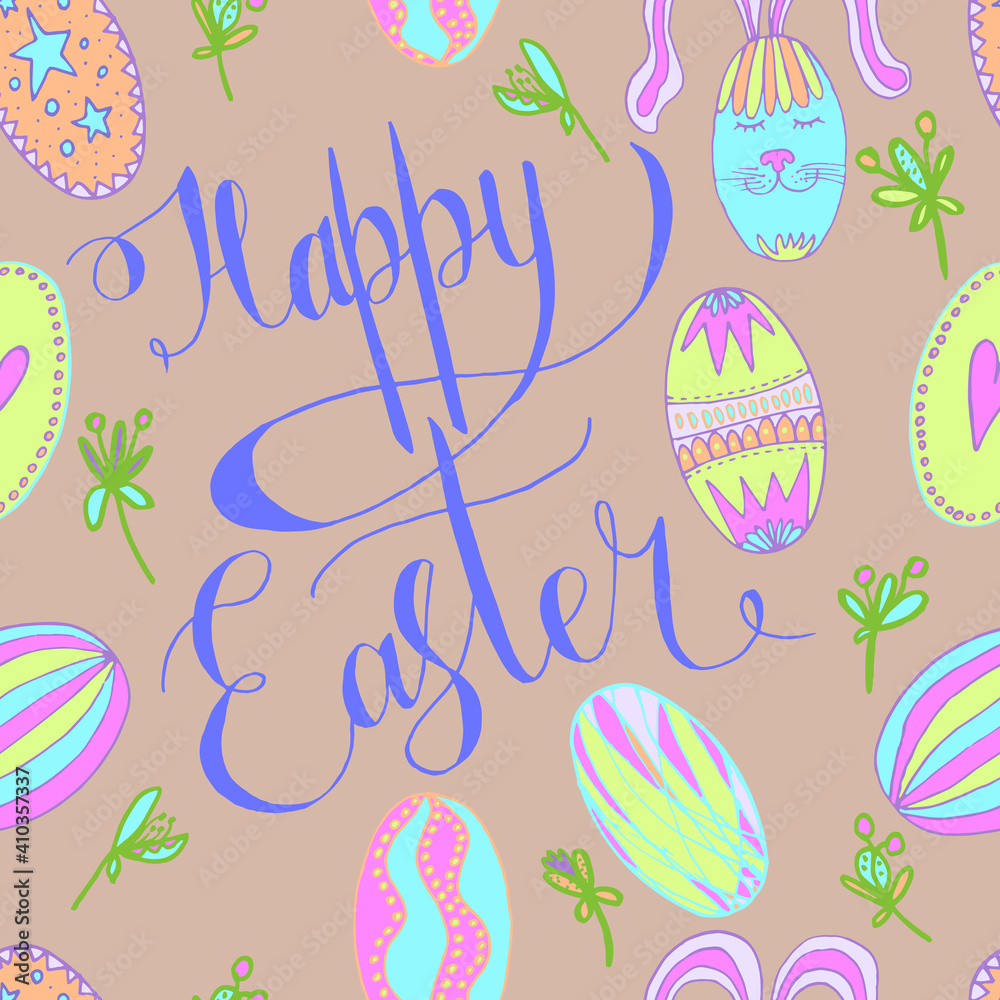 vector happy easter seamless pattern with eggs and spring flowers