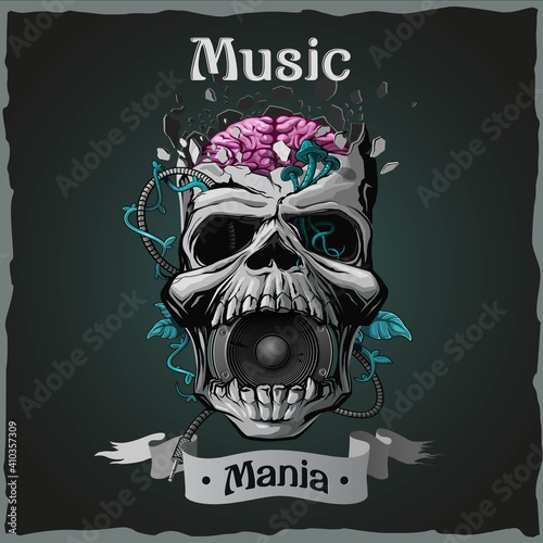 Skull. Music mania. Vintage dark t-shirt design