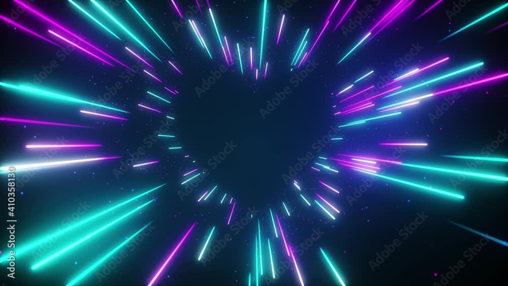Flying in a blue pink futuristic neon heart-shaped tunnel. Abstract corridor with fast moving light lines. Seamless looped 3D animation.