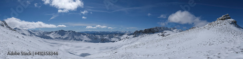 Panoramic, mysterious and mystical views of the winter snowy mountains