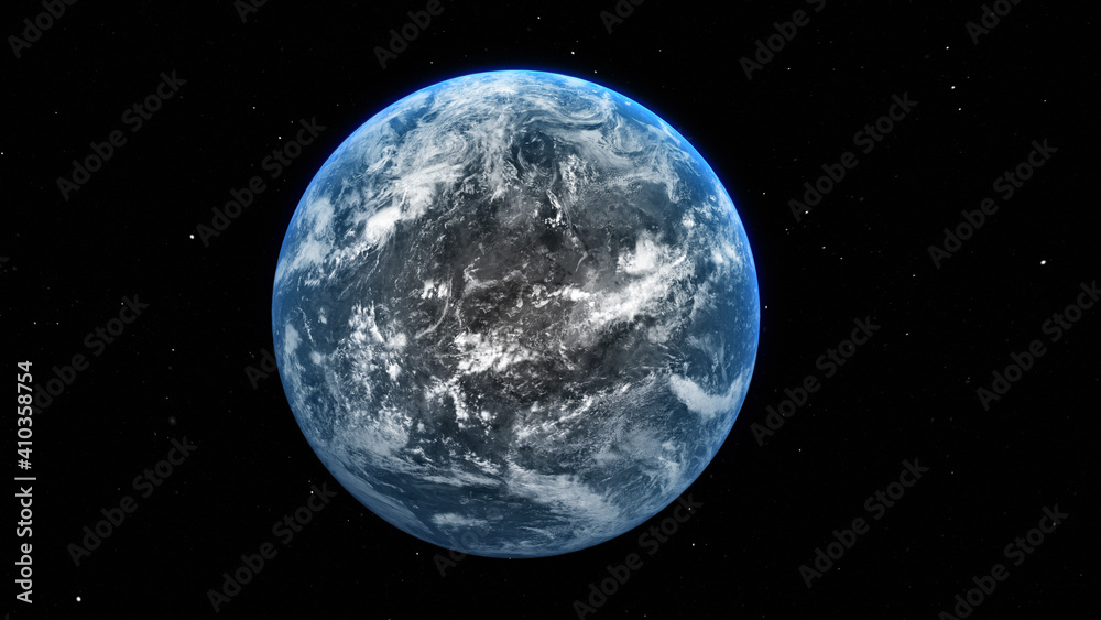 Fototapeta premium Sunrise and shadow on the earth rotate in space with star in universe. Realistic atmosphere 3D volumetric clouds texture surface.