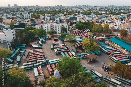 Aerial view of Gurugram bus station near the city of New Delhi in Haryana state during lockdown, India.