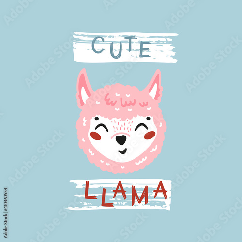 Cute Llama Face. Funny Pink Alpaca Head for Tee Print Design for Kids. Vector Cartoon Little Baby Animal. Scandinavian Card, Print or Poster Design
