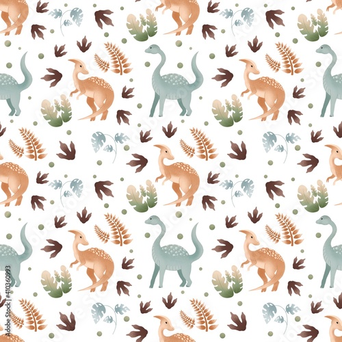 seamless pattern with dinosaurs on a white background  illustration with dino and leaves for fabric  textile. background for children 