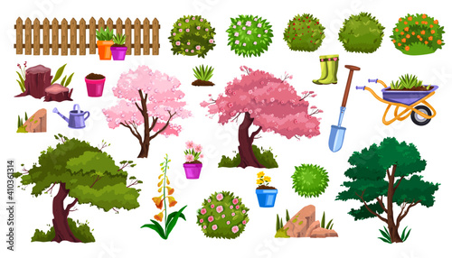 Spring garden nature vector cartoon icon set with flower pot, blossom trees, fence, flowers, bushes. Summer backyard green gardening collection, shovel, equipment. Spring garden environment objects