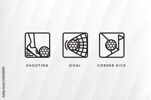 Simple Set of Soccer Activities Related Vector Line Icons. Contains such Icons as shooting, goal and corner kick. Editable Stroke and square layout border.