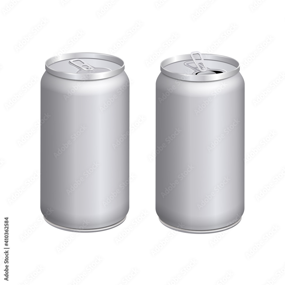 Beer cans, soda cans. Empty mock up realistic aluminium containers. Open and closed cans