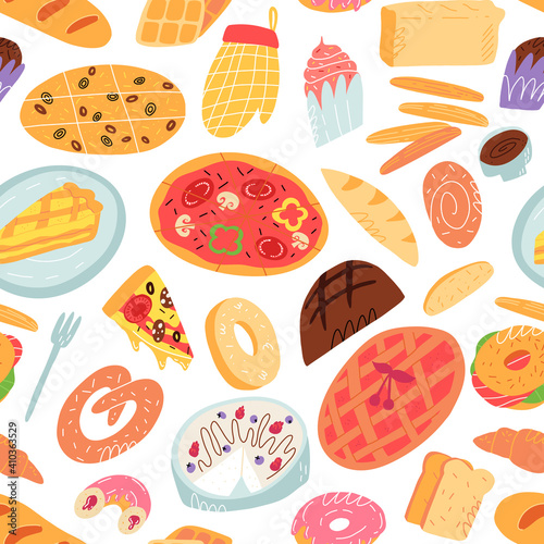 A cartoon seamless pattern with various traditional American, Italian and other bakery, pastry and desserts.