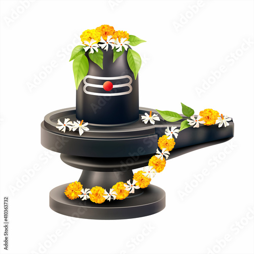 Lord Shiva Lingam decorated with bilva (bael) leaves, parijat and zendu flowers. Vector illustration.