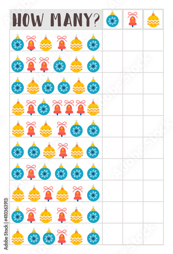 Counting children game of cartoon Christmas ornaments hanging. Kids learning collection. Count how many elements and write the result. Preschool worksheet activity.