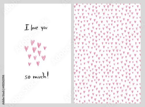 Greeting cards set with I love you phrase and doodle pencil hearts fro Valentine Day. Pink heart-shaped isolated objects on white background, seamless pattern illustration.