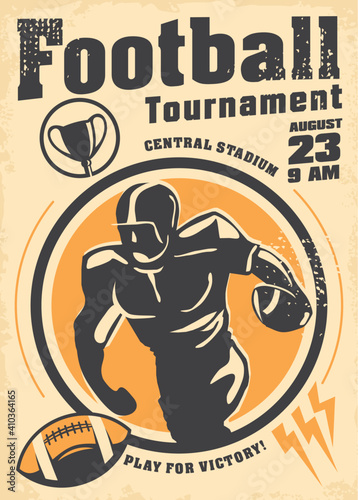 American football promo poster design for sport event. Rugby flyer with football player running with ball. Retro vector commercial sign template.