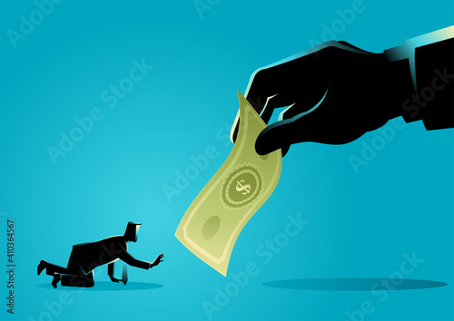 Businessman crawling and reaching out for a giant hand holding money