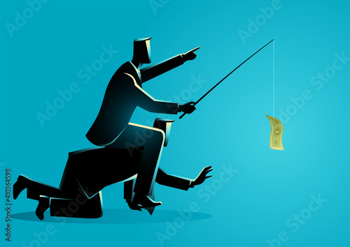 Businessman riding on back of another businessman or employee by giving money as a bait photo