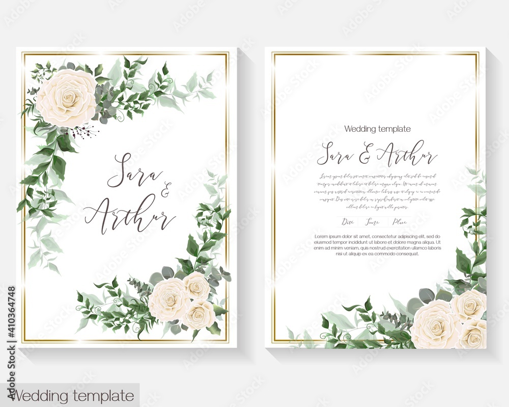 Invitation card template. White roses, eucalyptus, green plants and flowers, beautiful openwork leaves.
