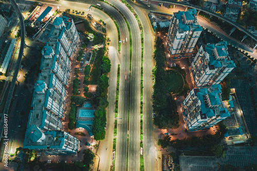 Aerial view of Gurugram financial district with tall building at dusk in Haryana state during lockdown. india. photo