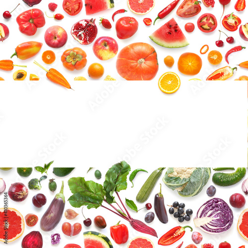 Banner from various vegetables and fruits isolated on white background, top view, creative flat layout. Concept of healthy eating, food background. Frame of vegetables with space for text.