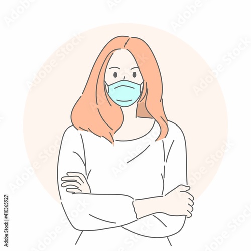Woman wearing medical mask to protect COVID-19 or prevent disease, flu, air pollution, contaminated air, world pollution concept.
