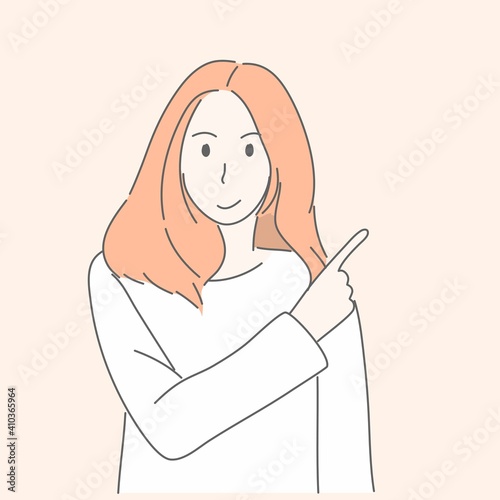 Woman gesturing hand pointing or showing to something for present, adverting concept.