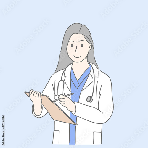Doctor holding pen and paperboard.