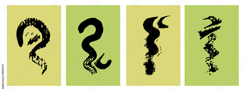 Collection of flat hand-drawn posters. Modern vector illustration. A line of black ink on a green background. All elements are isolated. Abstract shapes for postcards and banners. Collection of flat hand-drawn posters. Modern vector illustration. A line of black ink on a green background. All elements are isolated. Abstract shapes for postcards and banners.