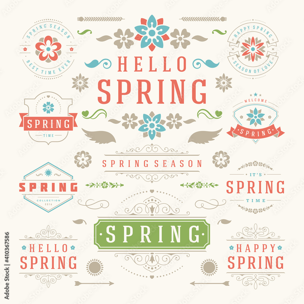 Spring typographic design set retro and vintage style templates
