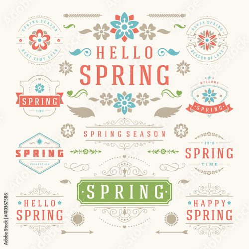 Spring typographic design set retro and vintage style templates