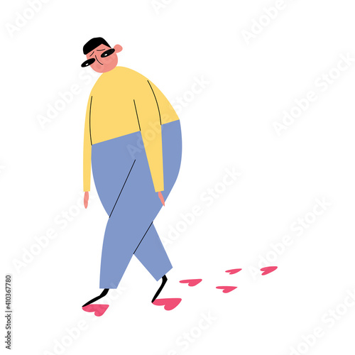 Cartoon sad man. Traces of hearts on the road. Breakup of the relationship. Color flat vector illustration. All elements are isolated. A hand-drawn melancholy man.