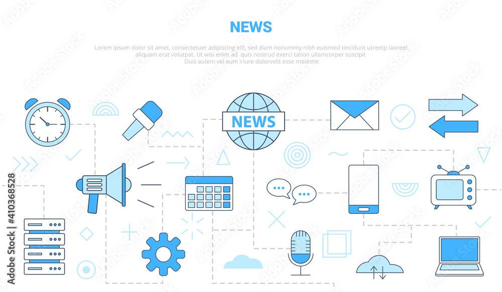 news media concept with icon set template banner with modern blue color style news media concept with icon set template banner with modern blue color style