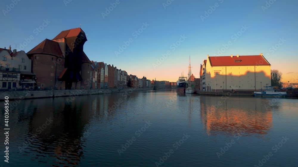 panoramic shot of cityscape Gdansk Poland , buildings  around the river in old city