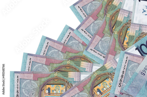 100 Belorussian rubles bills lies in different order isolated on white. Local banking or money making concept photo