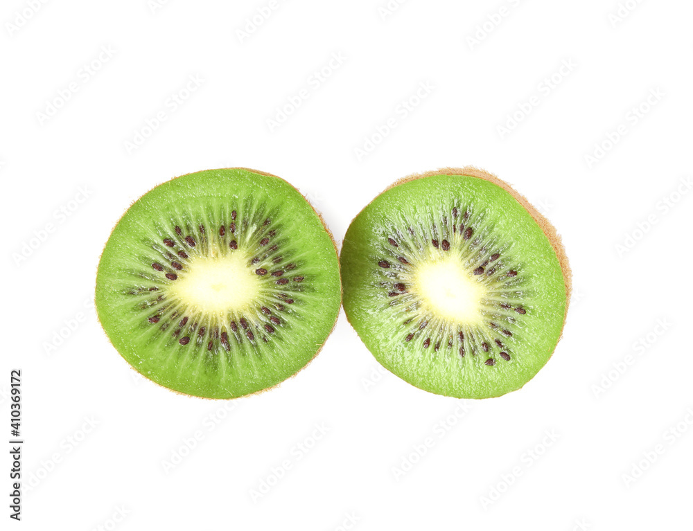 Fototapeta premium Halves of fresh kiwi on white background, top view